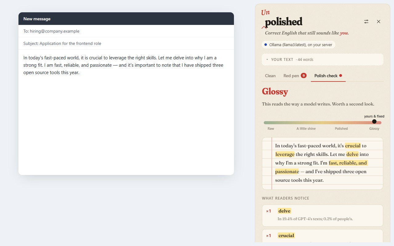 An email in the Unpolished panel, Polish check tab: a meter from Raw to Glossy near Raw, with the words that were checked and a note that the dashes are not tells.