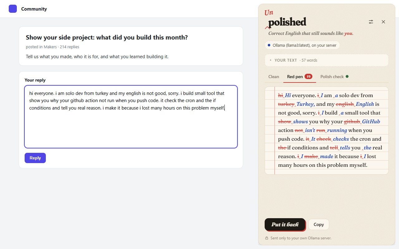 A forum reply written with mistakes. The Unpolished panel shows each correction like a teacher's red pen: the wrong word crossed out in red, the right one written above in blue.
