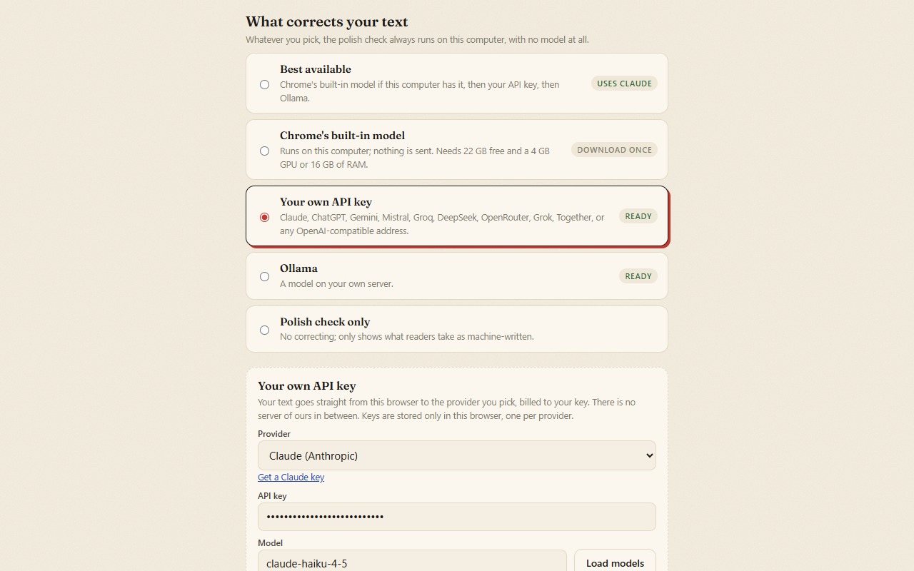 The Unpolished settings page: the engine list, with Your own API key selected, a provider menu and a Load models button.