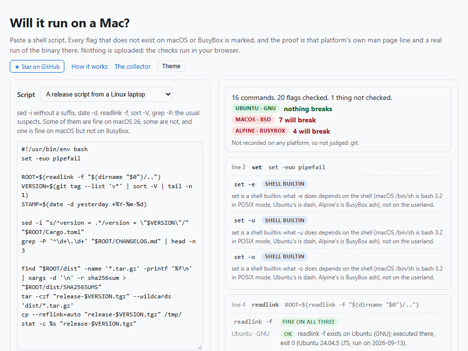 A release script from a Linux laptop is entered a line at a time while the verdicts update: by the sixth line macOS already has one flag that breaks, by the end 7 break on macOS and 4 on Alpine; then the page scrolls to the findings and opens the evidence on date -d, where the macOS binary answered 'date: illegal option -- d' although its man page still lists a -d